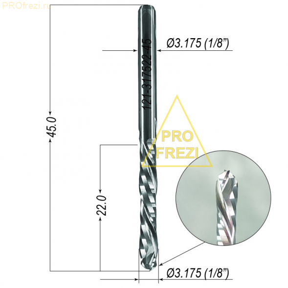 Фреза для раскроя фанеры, ЛДСП, МДФ Ø3.175*22*Ø3.175*45 3A Z2+2 Profrezi 121-317522-45