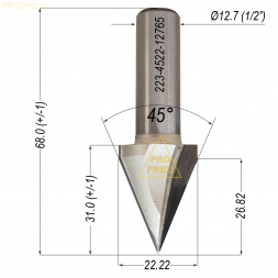 Коническая фреза по дереву, МДФ, фанере, пластикам 45° Ø22.22x26.82xØ12.7x65 Z2 