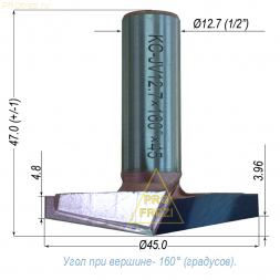 Концевая коническая фреза 160 градусов Ø45*8.7*Ø12.7*47 по дереву и МДФ для фрезера и станков с ЧПУ
