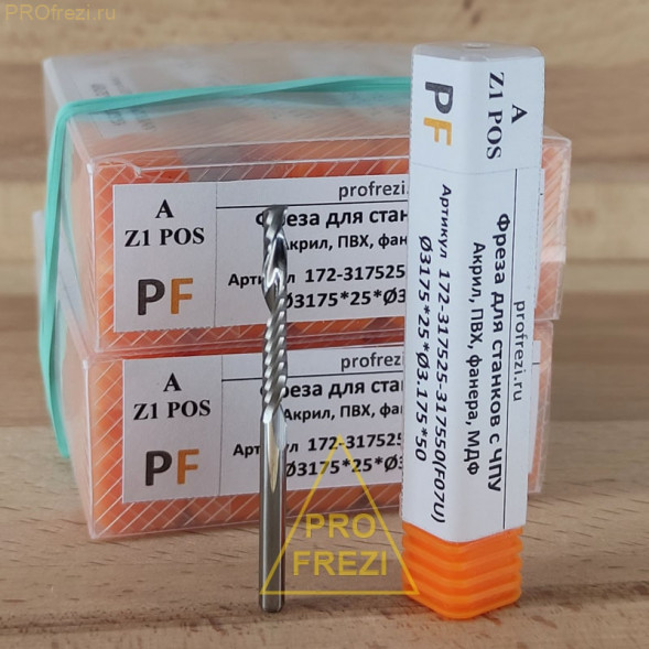 Фреза для пластика, древесины, МДФ Ø3.175*25*Ø3.175*50 Z1 A выброс стружки вверх