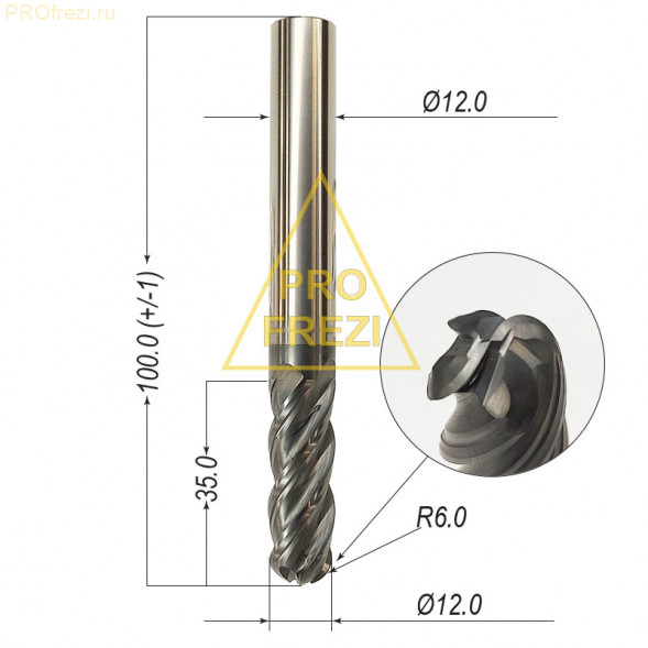 Твердосплавная сферическая фреза Z4 Ø12*35*Ø12*100 38-45° TiAlN HRC60 , легированные, нержавеющие, закаленные стали