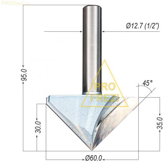 Конусная фреза 90 градусов Ø60*35*Ø12.7*95 Z2 Tideway Industrial по дереву, МДФ, фанере, пластикам