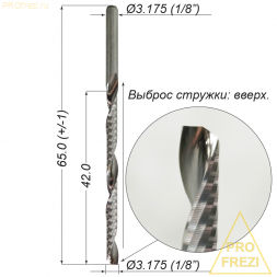 Фреза для пластика, древесины, МДФ Ø3.175*42*Ø3.175*65 Z1 A выброс стружки вверх