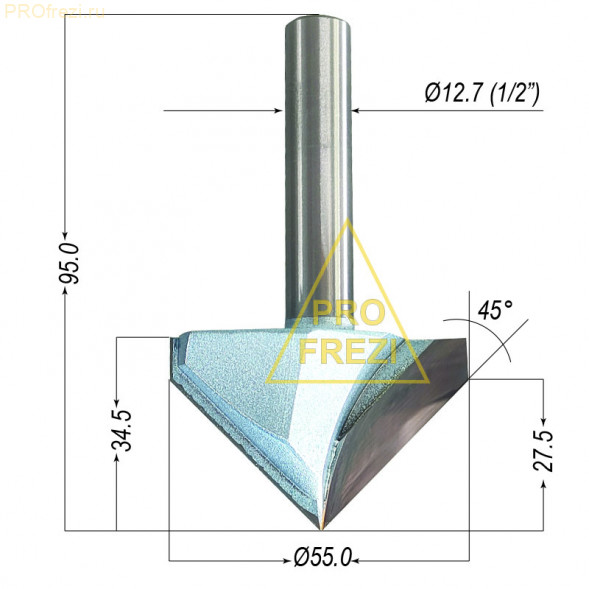 Конусная фреза 90 градусов Ø55*34.5*Ø12.7*95 Z2 Tideway Industrial по дереву, МДФ, фанере, пластикам