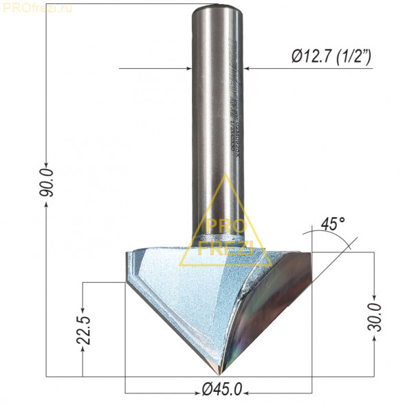 Конусная фреза 90 градусов Ø45*30*Ø12.7*90 Z2 Tideway Industrial по дереву, МДФ, фанере, пластикам