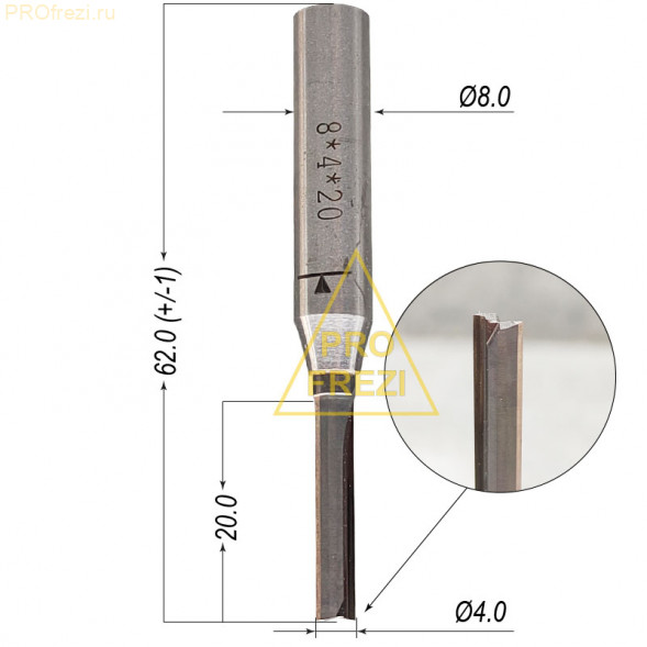Прямая пазовая фреза Ø4*20*Ø8*60 TCT Z2 912-420-860 по дереву, фанере, MDF, ЛДСП