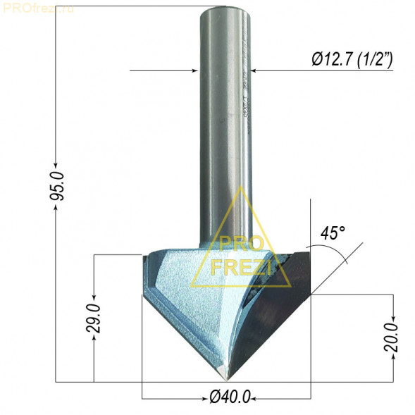 Конусная фреза 90 градусов Ø40*29*Ø12.7*90 Z2 Tideway Industrial по дереву, МДФ, фанере, пластикам