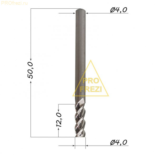 Фреза по алюминию и цветным металлам Z3 Ø4*12*Ø4*50 Profrezi 115-412-450