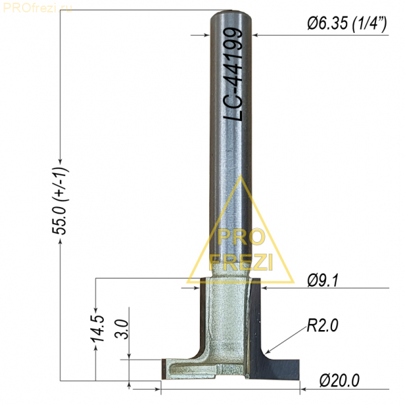 Т образная фреза для пазов и загиба Tideway LC-44199 Z2 Ø20x3x14.5xØ6.35 для МДФ, древесины, фанеры