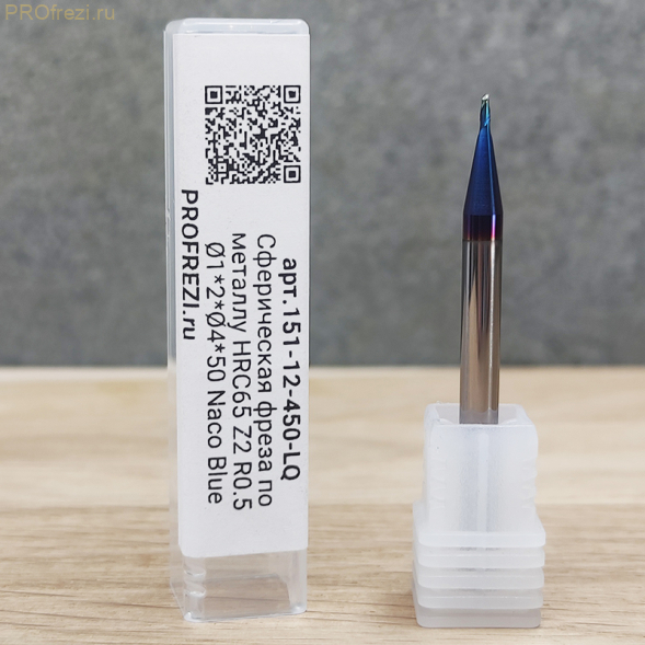Сферическая фреза по металлу HRC65 Z2 R0.5 Ø1*2*Ø4*50 Naco Blue