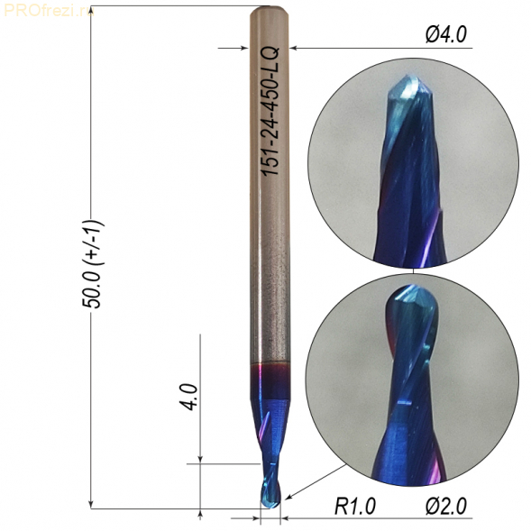 Сферическая фреза по металлу HRC65 Z2 R1 Ø2*4*Ø4*50 Naco Blue