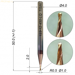 Сферическая спиральная фреза по металлу R0.5 Ø1*2*Ø4*50 Z2 TiSiN HRC55