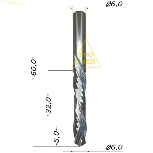Фреза для раскроя фанеры, ЛДСП, МДФ Ø6*32*Ø6*60 3A Z2+2 Profrezi 121-632-60