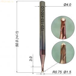 Сферическая спиральная фреза по металлу R0.75 Ø1.5*3*Ø4*50 Z2 TiSiN HRC55