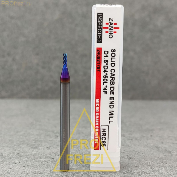 Спиральная твердосплавная фреза для стали Ø1,5*4*Ø4*50 Z4 покрытие NaCo Blue, HRC65, плоский торец, стружка вверх 150-154-450