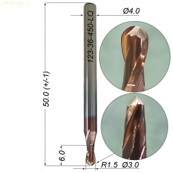 Сферическая спиральная фреза по металлу R1.5 Ø3*6*Ø4*50 Z2 TiSiN HRC55