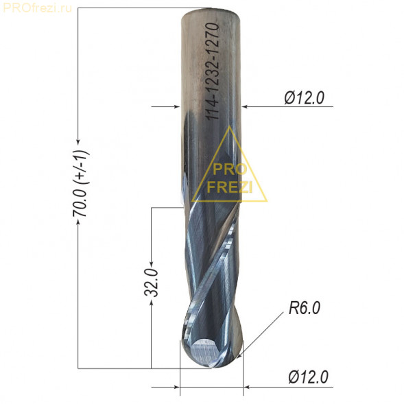 Сферическая спиральная фреза Ø12.0*32*Ø12.0*70 R6.0 Z2 стружка вверх, 114-1232-1270 по древесине, МДФ, фанере