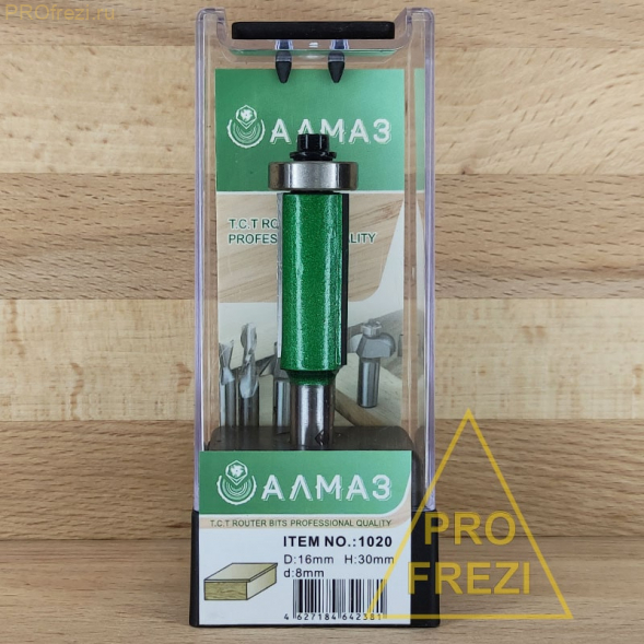 Прямая кромочная фреза с нижним подшипником для ручного фрезера АЛМАЗ 1020 D16 H30 d8 Z2