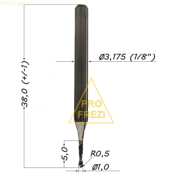 Сферическая спиральная фреза Ø1*5*Ø3.175*38 R0.5 Z2 стружка вверх, 114-15-317538 (F05)