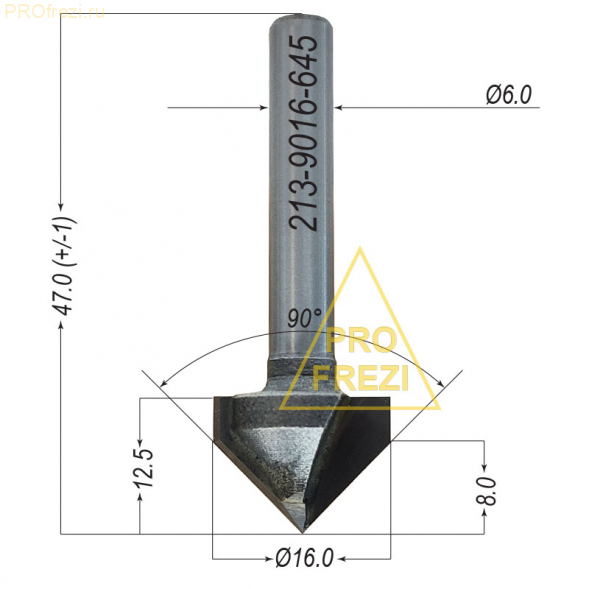 Коническая 90 градусов фреза по дереву, МДФ, фанере, пластикам D16 H12.5 Хвостовик 6 мм