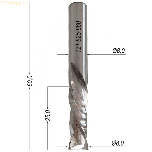 Фреза для раскроя фанеры, ЛДСП, МДФ Ø8*25*Ø8*60 3A Z2+2 Profrezi 121-825-860