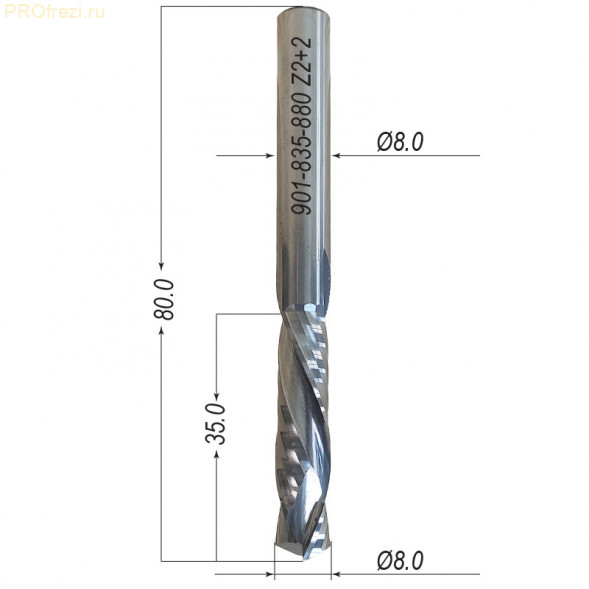 Компрессионная фреза для раскроя фанеры, ЛДСП, МДФ, ДВП  Z2+2 Ø8*35*Ø8*80 901-835-880
