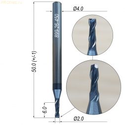 Концевая фреза для обработки стали, алюминия, титана Ø2*6*Ø4*50 Z2 HRC50 ONDA 899-26-450 