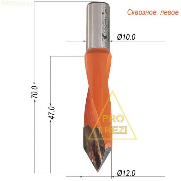 Сверло сквозное левое Ø12*Ø10*70 на присадочный станок по дереву, МДФ, ЛДСП, фанере