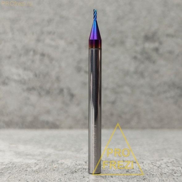Спиральная твердосплавная фреза для стали Ø1*3*Ø4*50 Z4 покрытие NaCo Blue, HRC65, плоский торец, стружка вверх 150-13-450
