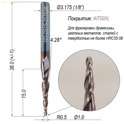 Коническая сферическая фреза для 3D обработки 4.28° R0.5 Ø1.0*15*Ø3.175*38 Z2 AlTiSiN Profrezi 101-0515-317538 (F31) HRC55