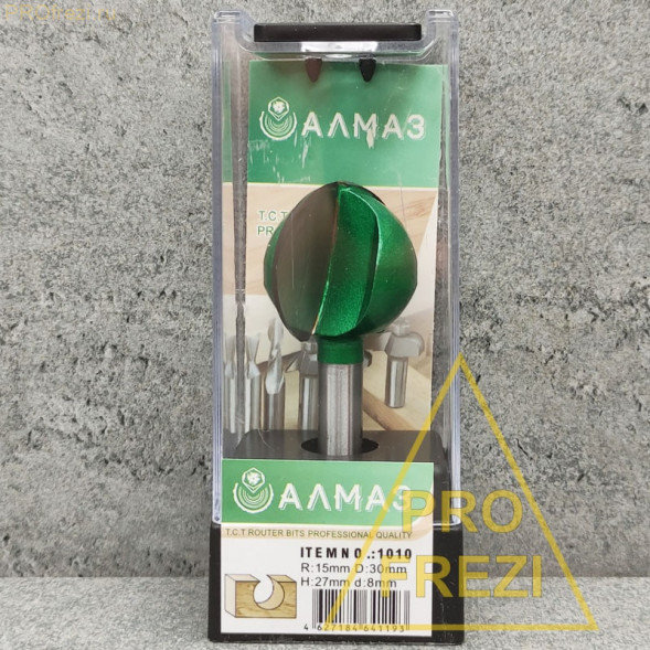 Сферическая фреза Алмаз 1010 R15 D30 H27 d8 по дереву для ручного фрезера и станков с ЧПУ