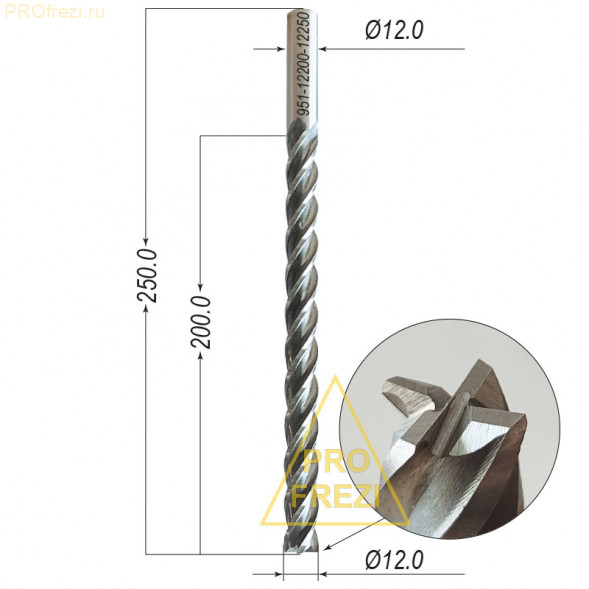 Фреза с плоским торцом спиральная для пенопласта Ø12*200*Ø12*250 HSS Z4-Z6 951-12200-12250