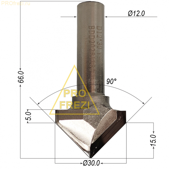Алмазная коническая фреза с PCD напайками 90° Ø30x20xØ12x65 