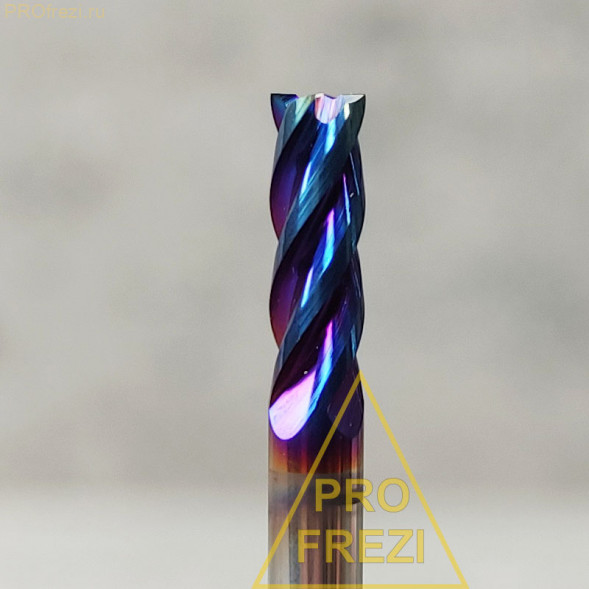 Спиральная твердосплавная фреза для стали Ø3*9*Ø3*50 Z4 покрытие NaCo Blue, HRC65, плоский торец, стружка вверх 150-39-350