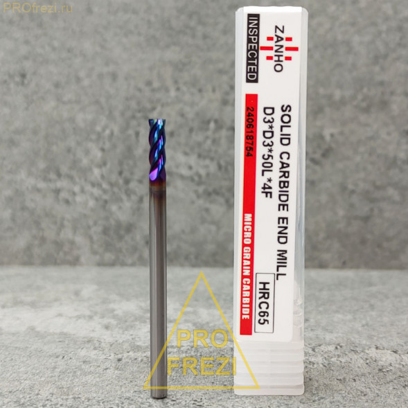 Спиральная твердосплавная фреза для стали Ø3*9*Ø3*50 Z4 покрытие NaCo Blue, HRC65, плоский торец, стружка вверх 150-39-350