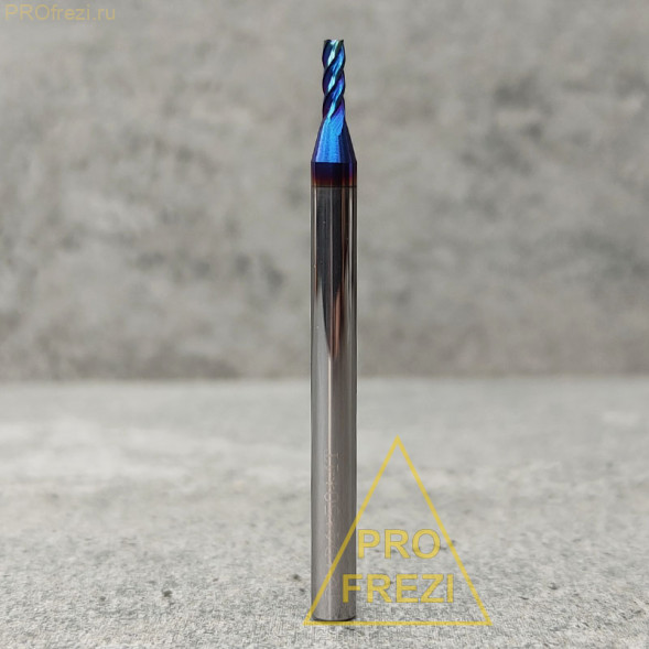 Спиральная твердосплавная фреза для стали Ø2*6*Ø4*50 Z4 покрытие NaCo Blue, HRC65, плоский торец, стружка вверх 150-26-450