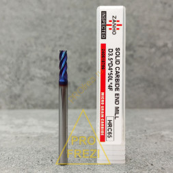 Спиральная твердосплавная фреза для стали Ø3,5*9*Ø4*50 Z4 покрытие NaCo Blue, HRC65, плоский торец, стружка вверх 150-359-450