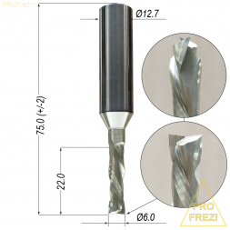 Компрессионная фреза для раскроя ЛДСП, МДФ, фанеры Z2+2 Ø6*22*Ø12.7*75 KWS 440035T
