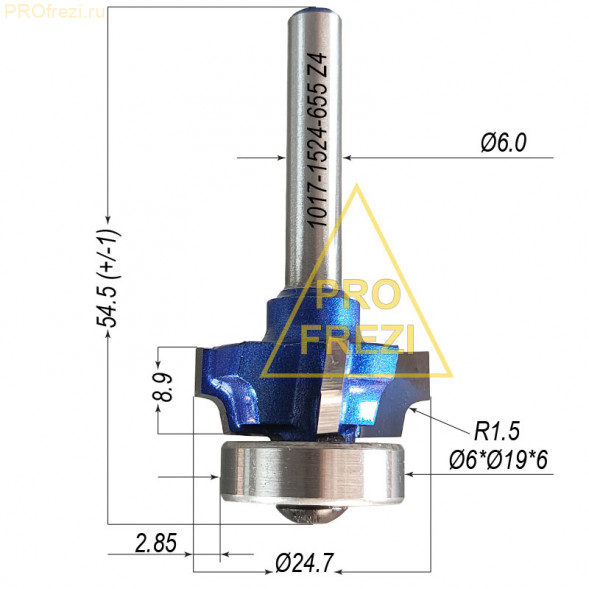 Кромочная калевочная фреза с подшипником R1.5 Ø24*9*Ø6*55 1017-1524-655 Z4