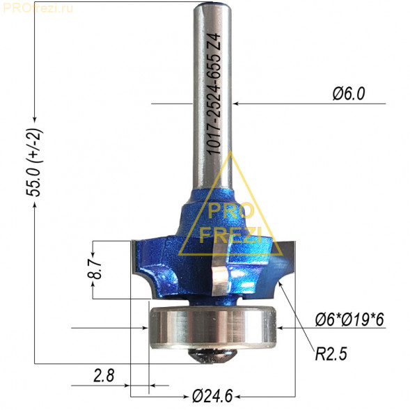 Кромочная калевочная фреза с подшипником R2.5 Ø24*9*Ø6*55 1017-2524-655 Z4