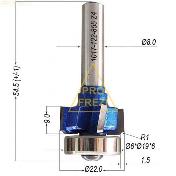 Кромочная калевочная фреза с подшипником R1 Ø22*9*Ø8*55 1017-122-855 Z4