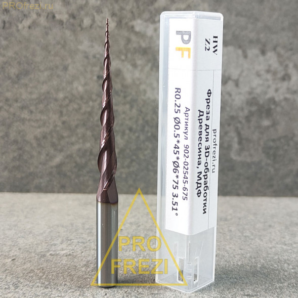 Коническая сферическая фреза для 3D обработки  R0.25 Ø0.5*45*Ø6*70 Z2 902-02545-670 3.51°