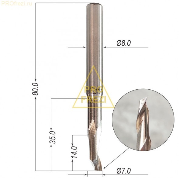 Фреза для фрезеровки алюминия и ПВХ Profrezi 162-714-880 Z1 HSS-E Ø7*14*35*Ø8*80 