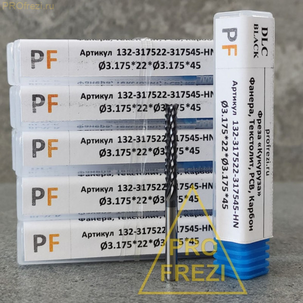 Концевая твердосплавная фреза кукуруза Ø3,175*22*Ø3,175*45 HW DLC BLACK 132-317522-317545-HN торец рыбий хвост