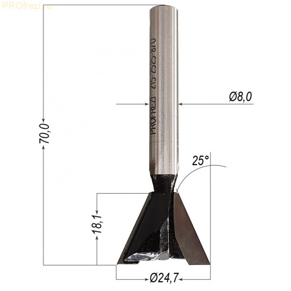 Фреза ласточкин хвост с углом наклона 25° Ø25*18.13*8*70 Z2 PROfrezi 215-2525-870