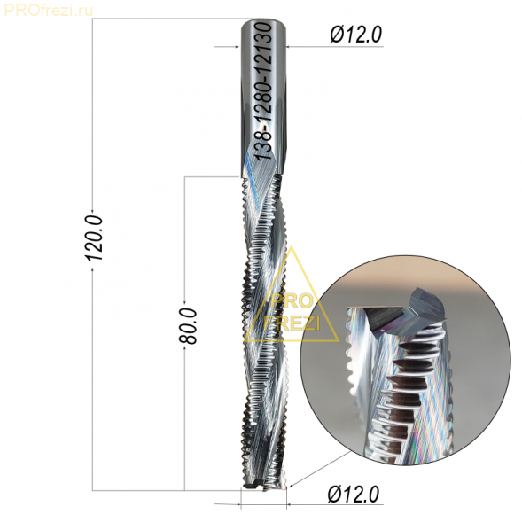 Фреза спиральная стружколом для раскроя и черновой обработки Profrezi 138-1280-12130 (F08) Z3 (Ø12*80*Ø12*120) HWM