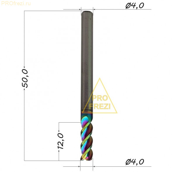 Фреза по алюминию и цветным металлам Ø4*12*Ø4*50 Z3 DLC 908-412-450