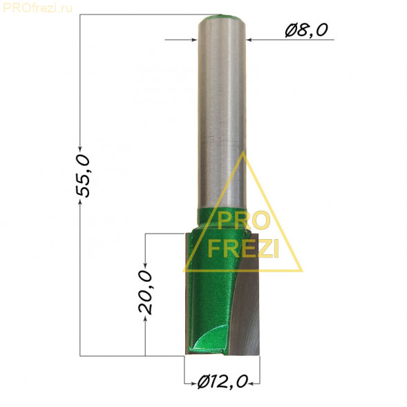 Прямая фреза с плоским дном Алмаз 1007 D12 h20 d8 L55 Z2