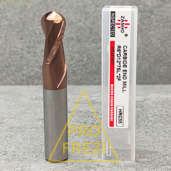 Сферическая спиральная фреза R6 Ø12*24*Ø12*75 Z2 123-1224-1275 TiSiN HRC55 35°