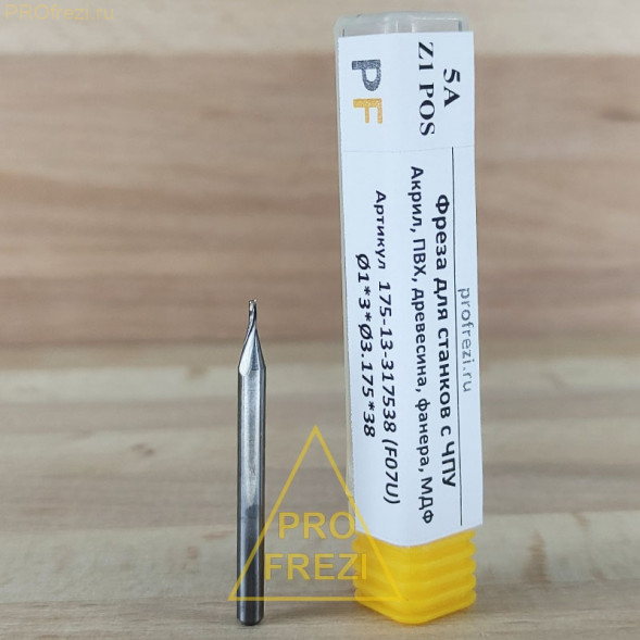 Фреза для фрезеровки пластиков, древесины, MDF Ø1*3*Ø3.175*38 Z1 5A Profrezi 175-13-317538 (F07U)